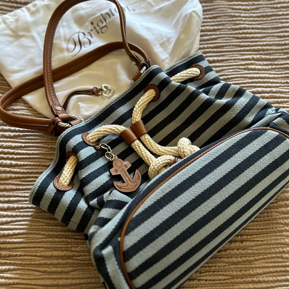 Brighton purse, blue stripes, brown leather, new.
